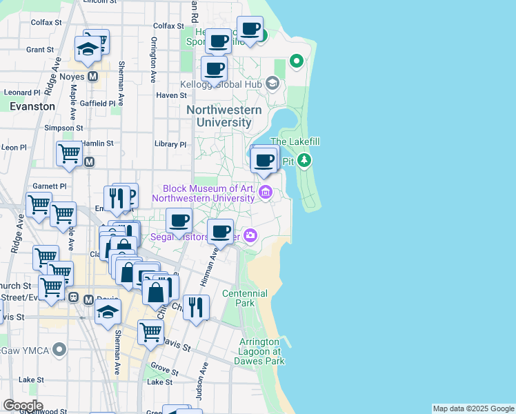 map of restaurants, bars, coffee shops, grocery stores, and more near 1949 Campus Drive in Evanston