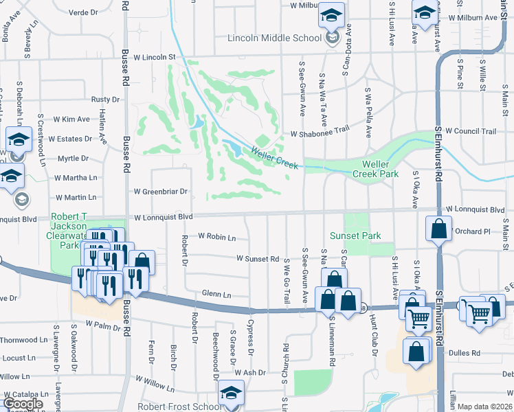 map of restaurants, bars, coffee shops, grocery stores, and more near 1102 West Lonnquist Boulevard in Mount Prospect