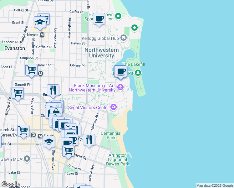 map of restaurants, bars, coffee shops, grocery stores, and more near 1949 Campus Drive in Evanston