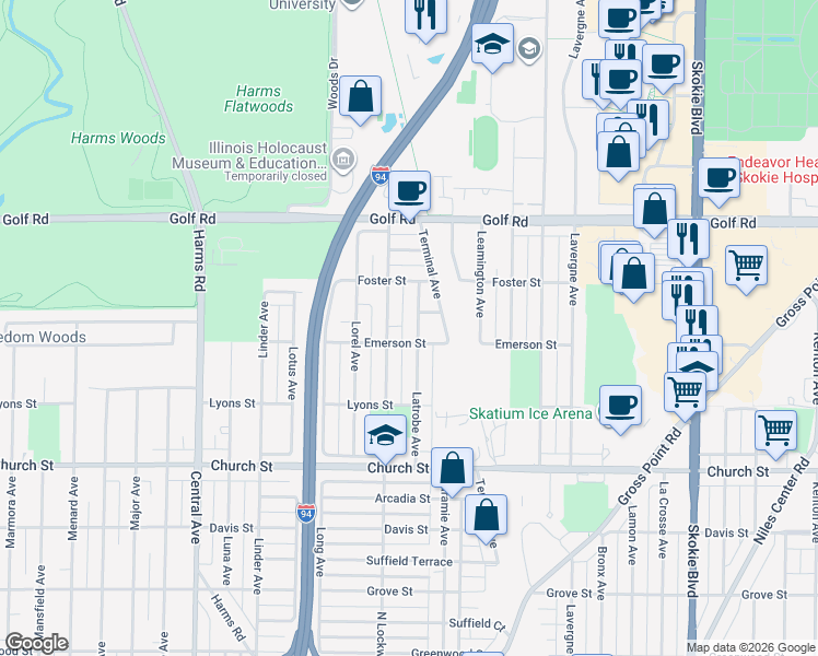 map of restaurants, bars, coffee shops, grocery stores, and more near 5219 Harmswood Terrace in Skokie