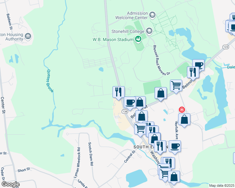 map of restaurants, bars, coffee shops, grocery stores, and more near 509 Washington Street in Easton