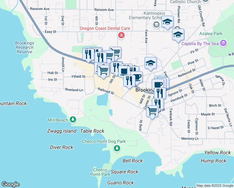 map of restaurants, bars, coffee shops, grocery stores, and more near 840 Railroad Street in Brookings