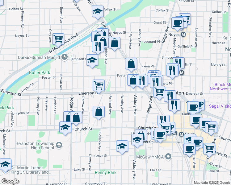 map of restaurants, bars, coffee shops, grocery stores, and more near 1900 Jackson Avenue in Evanston