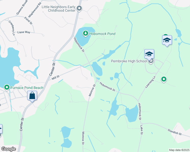 map of restaurants, bars, coffee shops, grocery stores, and more near 83 Hobomock Street in Pembroke
