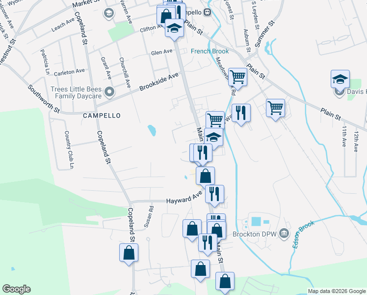 map of restaurants, bars, coffee shops, grocery stores, and more near 26 Sylvia Avenue in Brockton