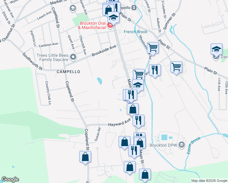 map of restaurants, bars, coffee shops, grocery stores, and more near 35 Longworth Avenue in Brockton