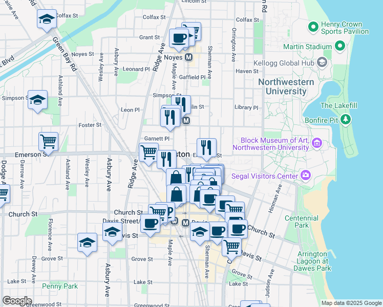 map of restaurants, bars, coffee shops, grocery stores, and more near 815 Emerson Street in Evanston