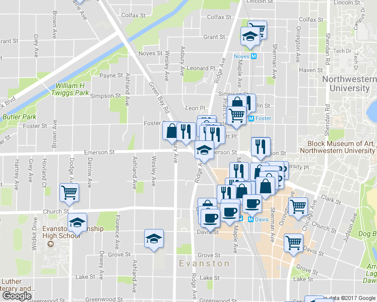 map of restaurants, bars, coffee shops, grocery stores, and more near 1910 Ridge Avenue in Evanston