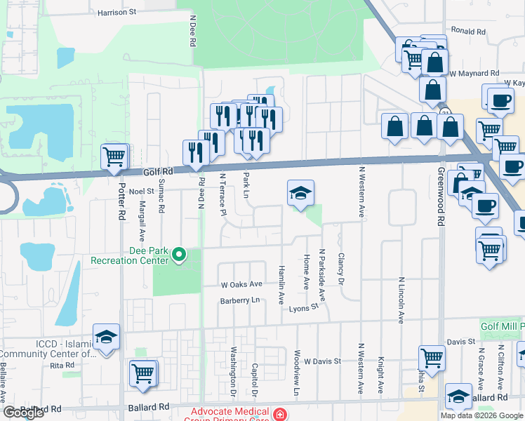 map of restaurants, bars, coffee shops, grocery stores, and more near 9477 Park Lane in Des Plaines
