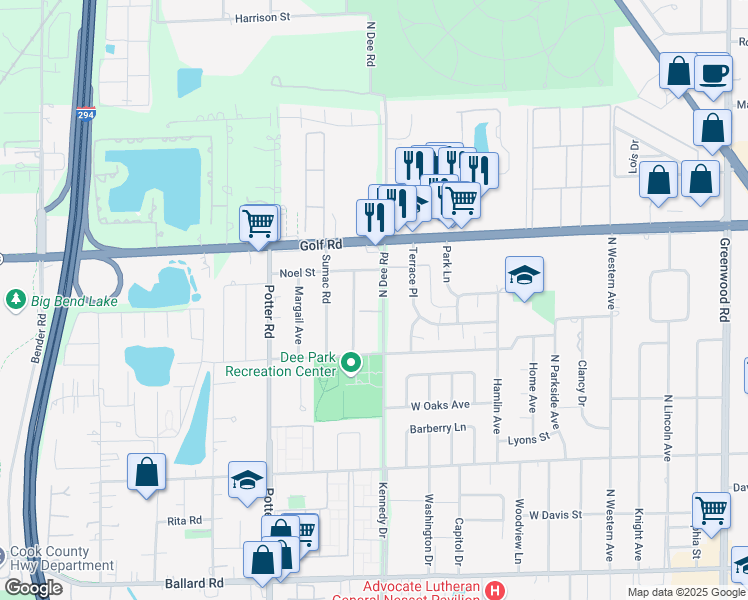 map of restaurants, bars, coffee shops, grocery stores, and more near 9561 Dee Road in Des Plaines