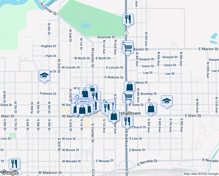 map of restaurants, bars, coffee shops, grocery stores, and more near 202 North 2nd Avenue in Marshalltown