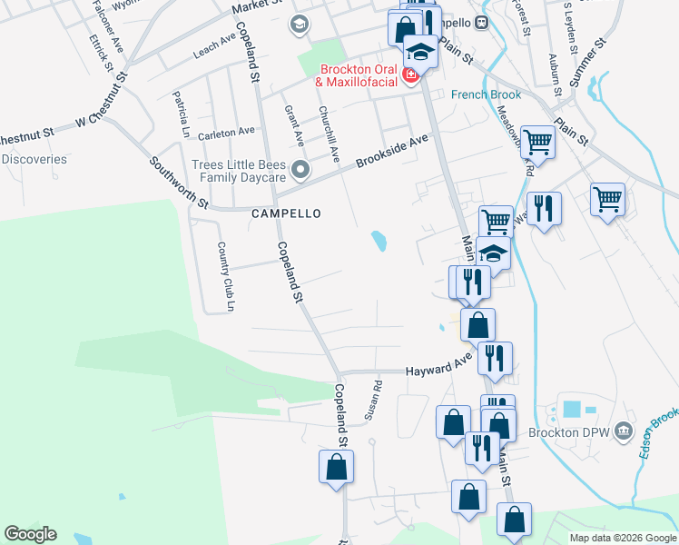 map of restaurants, bars, coffee shops, grocery stores, and more near 58 Lawson Terrace in Brockton