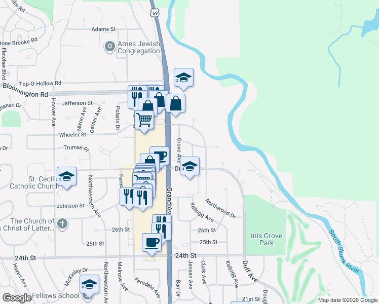 map of restaurants, bars, coffee shops, grocery stores, and more near 630 River Oak Drive in Ames