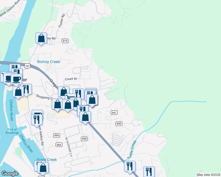 map of restaurants, bars, coffee shops, grocery stores, and more near 98062 Hallway Road in Brookings