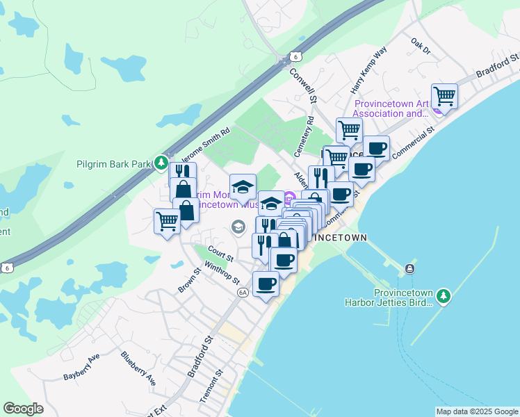 map of restaurants, bars, coffee shops, grocery stores, and more near 26 Winslow Street in Provincetown