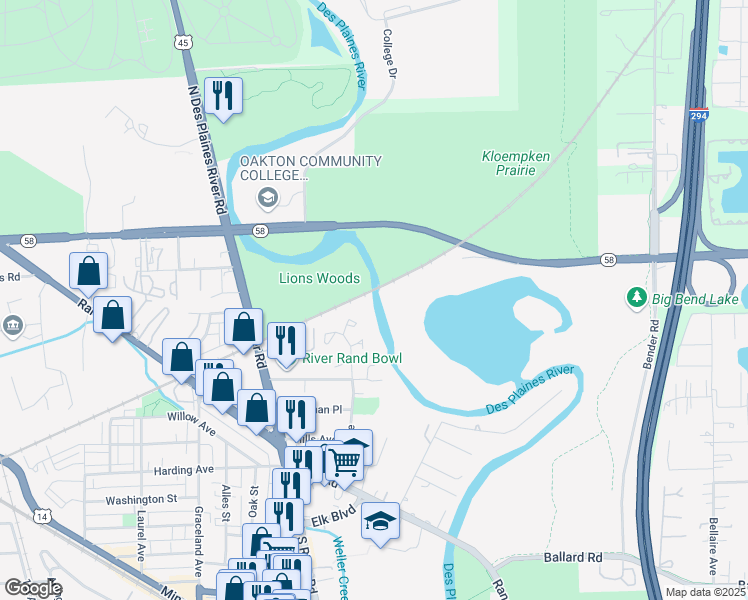 map of restaurants, bars, coffee shops, grocery stores, and more near 169 South River Road in Des Plaines