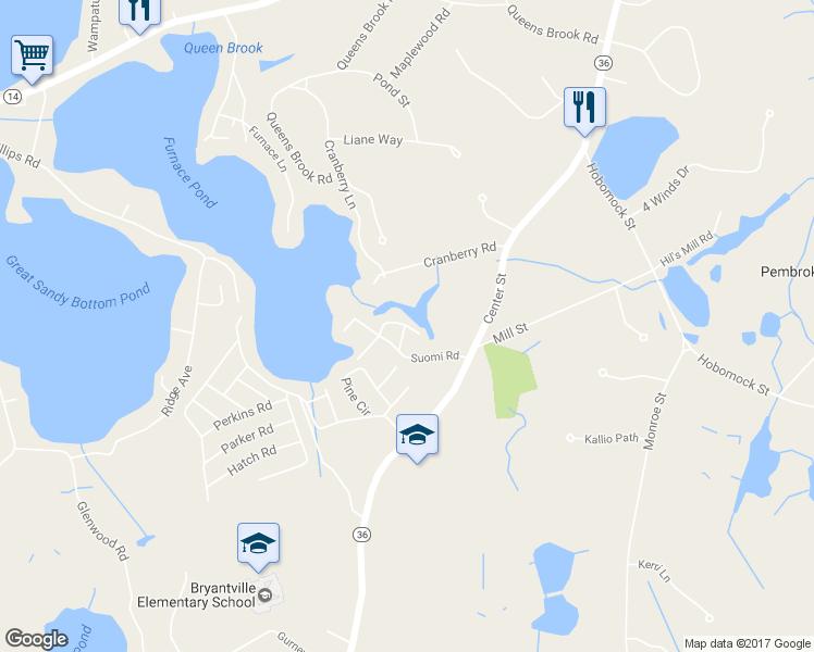 map of restaurants, bars, coffee shops, grocery stores, and more near 34 Mill Pond Road in Pembroke