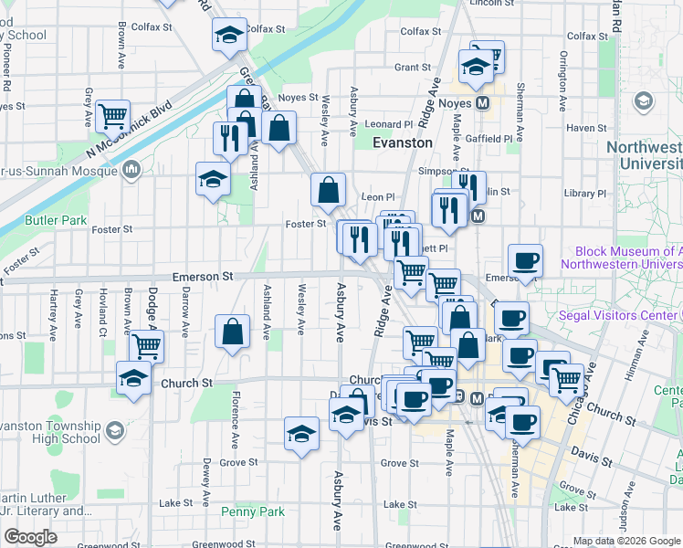map of restaurants, bars, coffee shops, grocery stores, and more near Asbury Ave & Emerson St in Evanston