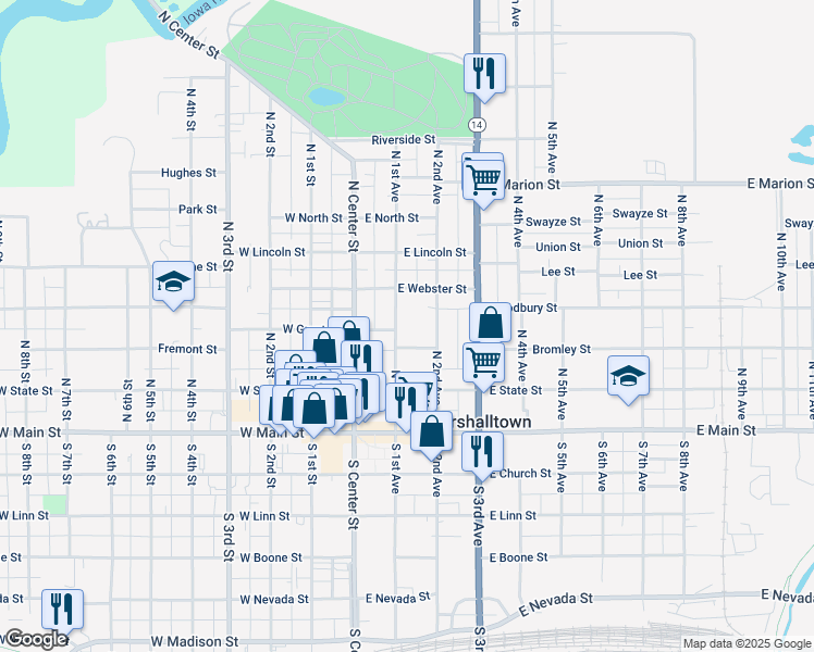 map of restaurants, bars, coffee shops, grocery stores, and more near 202 North 2nd Avenue in Marshalltown