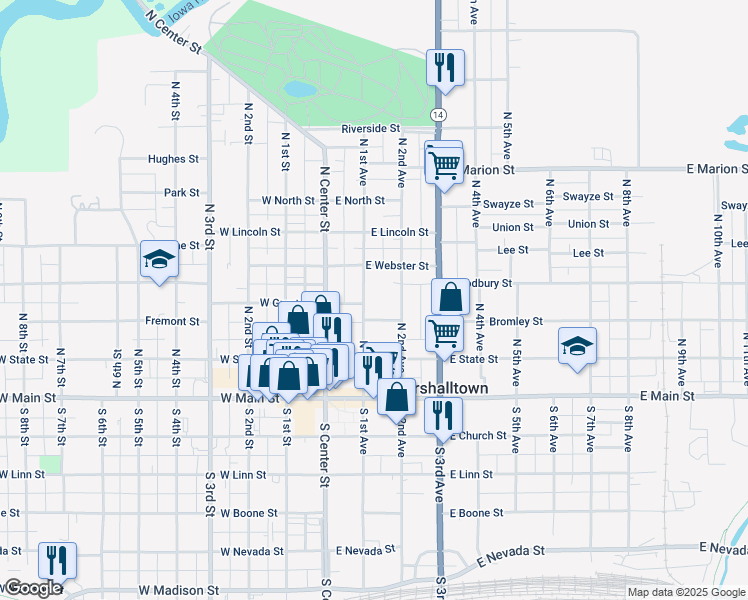 map of restaurants, bars, coffee shops, grocery stores, and more near 204 North 1st Avenue in Marshalltown