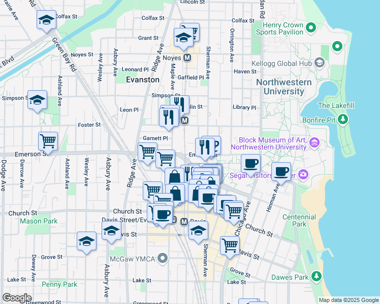 map of restaurants, bars, coffee shops, grocery stores, and more near 831 Emerson Street in Evanston
