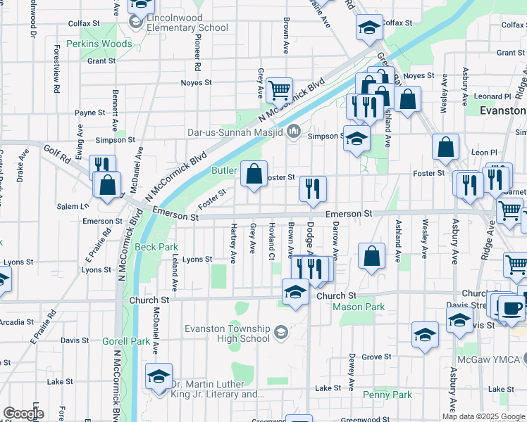map of restaurants, bars, coffee shops, grocery stores, and more near 2027 Emerson Street in Evanston