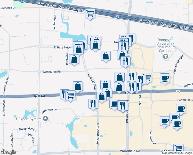 map of restaurants, bars, coffee shops, grocery stores, and more near 1207 Remington Road in Schaumburg