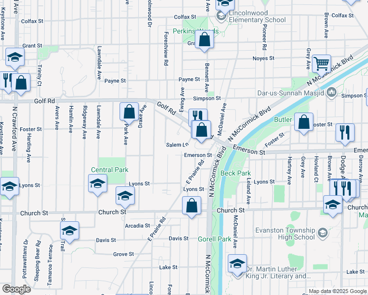 map of restaurants, bars, coffee shops, grocery stores, and more near 46 Salem Lane in Evanston