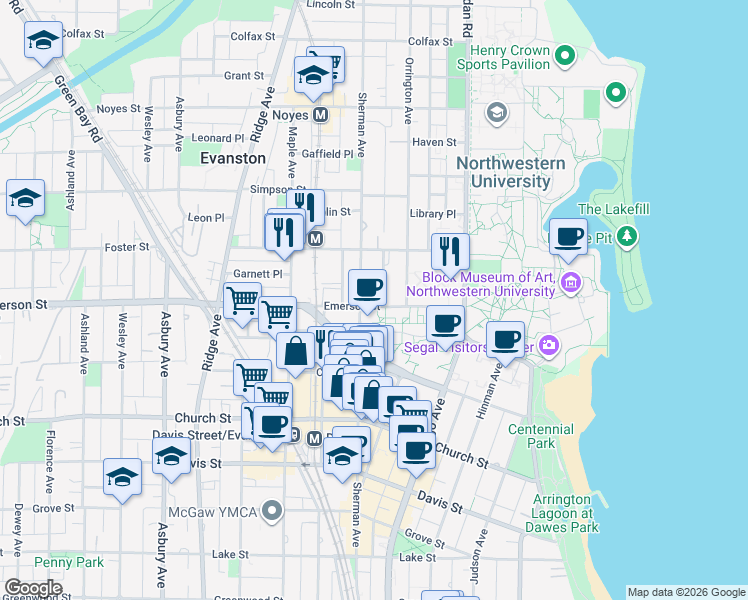 map of restaurants, bars, coffee shops, grocery stores, and more near 725 Emerson Street in Evanston