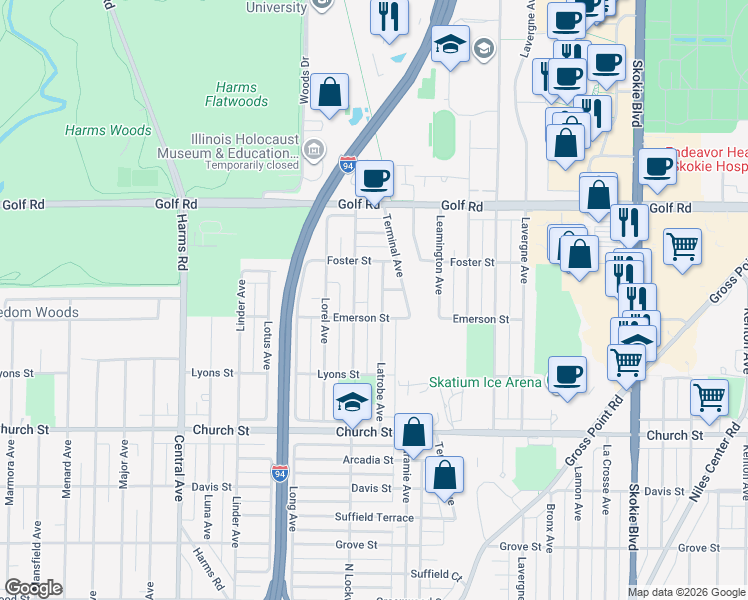 map of restaurants, bars, coffee shops, grocery stores, and more near 5219 Harmswood Terrace in Skokie