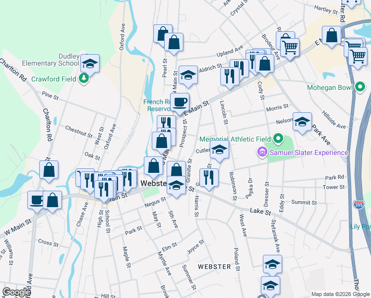 map of restaurants, bars, coffee shops, grocery stores, and more near 39 Granite Street in Webster