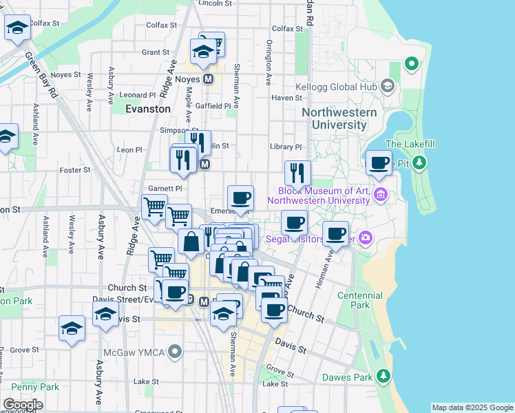 map of restaurants, bars, coffee shops, grocery stores, and more near 725 Emerson Street in Evanston