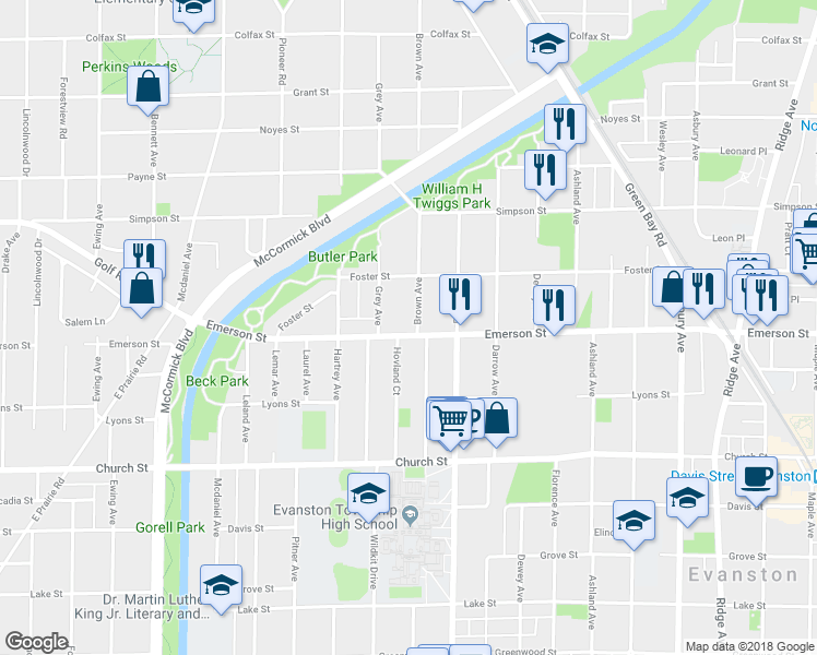 map of restaurants, bars, coffee shops, grocery stores, and more near 1912 Brown Avenue in Evanston