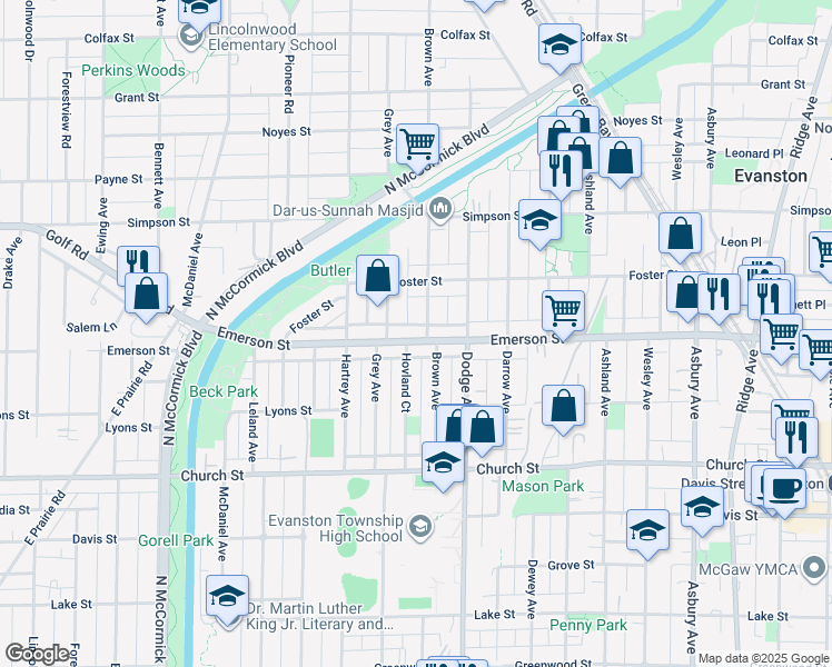 map of restaurants, bars, coffee shops, grocery stores, and more near 1912 Brown Avenue in Evanston