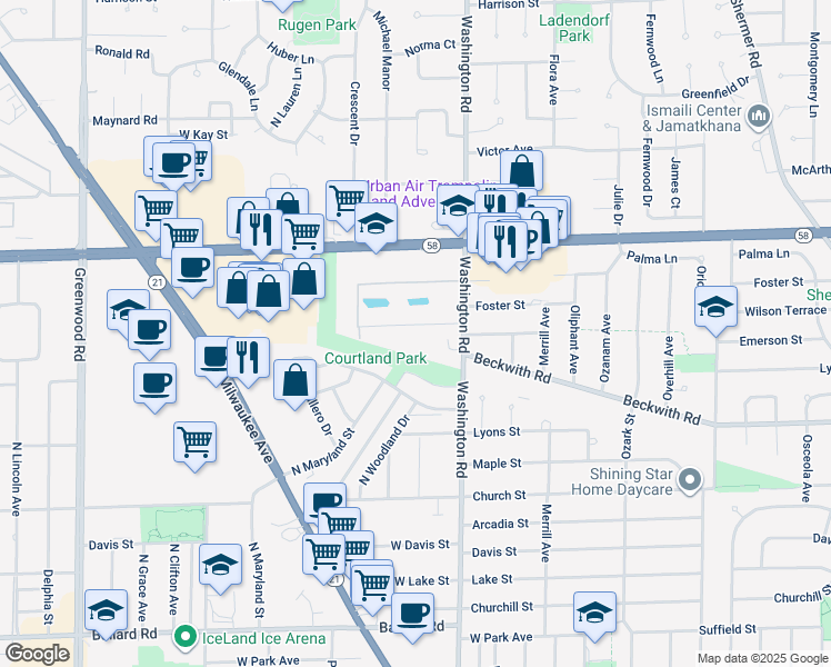map of restaurants, bars, coffee shops, grocery stores, and more near 8055 West Foster Lane in Niles