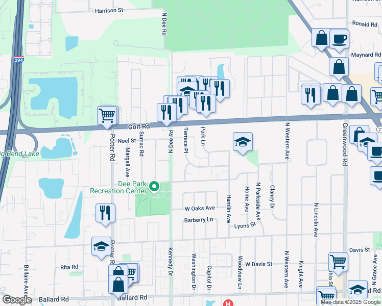 map of restaurants, bars, coffee shops, grocery stores, and more near 9519 Terrace Place in Des Plaines