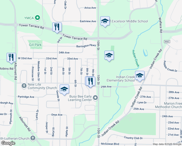 map of restaurants, bars, coffee shops, grocery stores, and more near 3080 9th Street in Marion