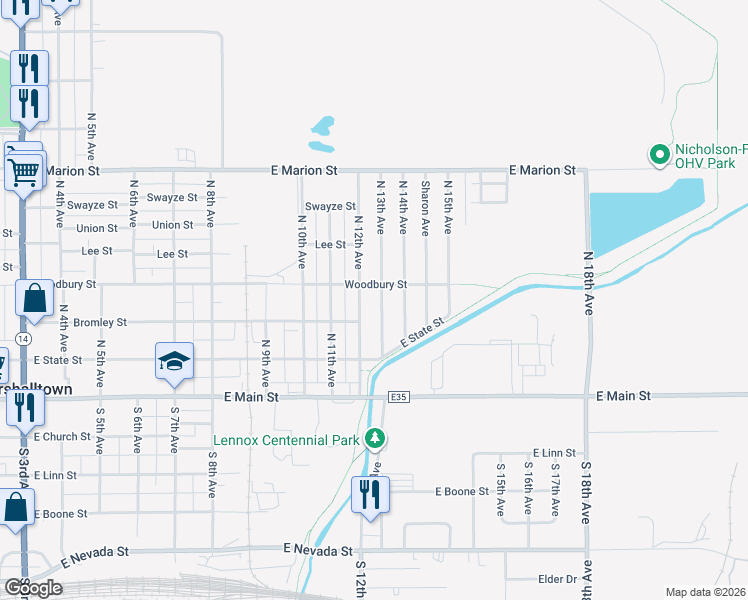 map of restaurants, bars, coffee shops, grocery stores, and more near 201-299 N 12th Ave in Marshalltown