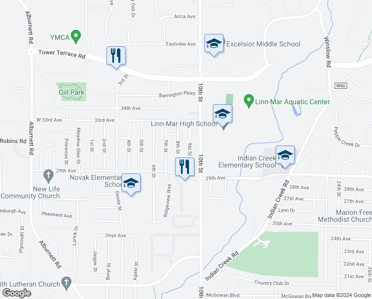 map of restaurants, bars, coffee shops, grocery stores, and more near 3050 9th Street in Marion