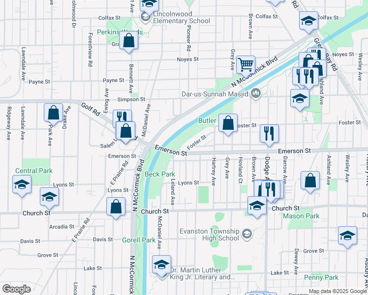 map of restaurants, bars, coffee shops, grocery stores, and more near 2333 Foster Street in Evanston