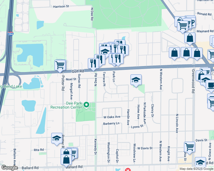 map of restaurants, bars, coffee shops, grocery stores, and more near 9519 Terrace Place in Des Plaines