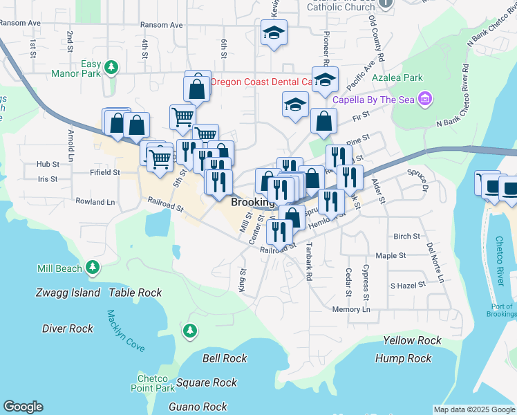map of restaurants, bars, coffee shops, grocery stores, and more near 703 Chetco Avenue in Brookings