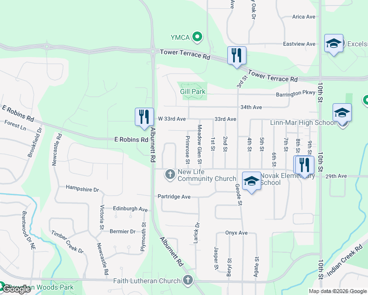 map of restaurants, bars, coffee shops, grocery stores, and more near 3060 Primrose Street in Marion