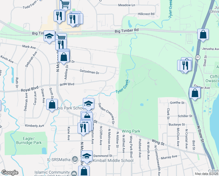 map of restaurants, bars, coffee shops, grocery stores, and more near 14 Kensington Loop in Elgin
