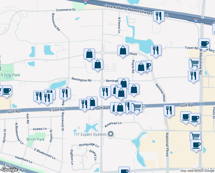 map of restaurants, bars, coffee shops, grocery stores, and more near 1251 North Plum Grove Road in Schaumburg
