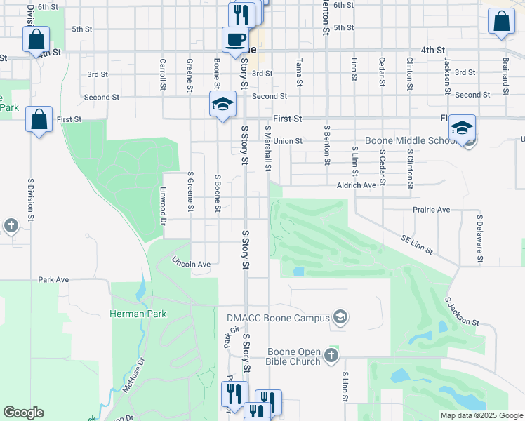 map of restaurants, bars, coffee shops, grocery stores, and more near 421 South Marshall Street in Boone