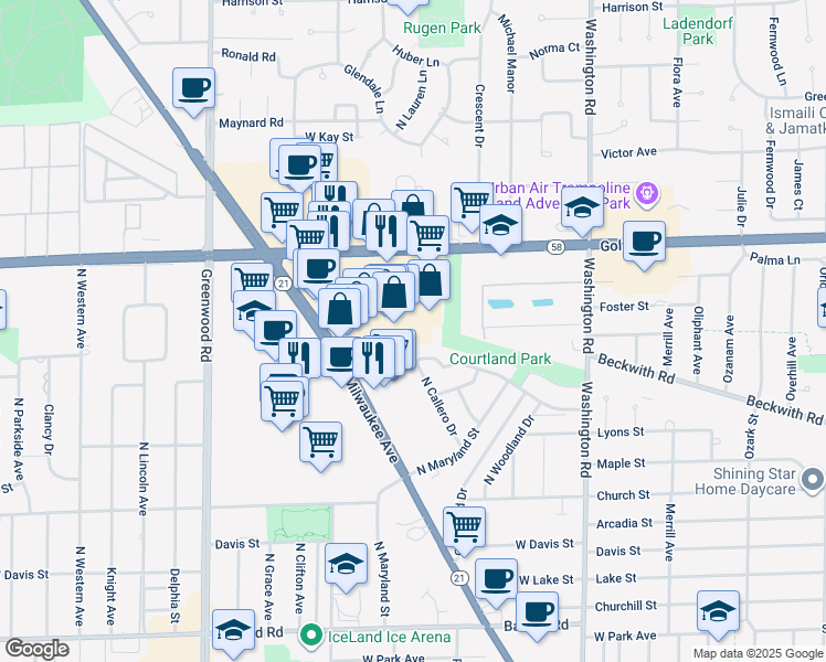 map of restaurants, bars, coffee shops, grocery stores, and more near 8249 West Golf Road in Niles