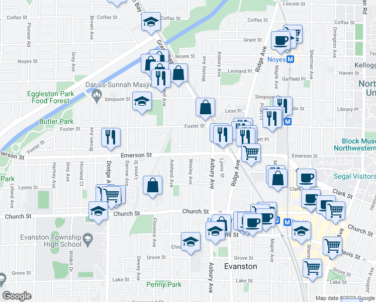 map of restaurants, bars, coffee shops, grocery stores, and more near 1413 Emerson Street in Evanston
