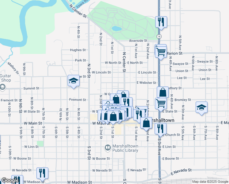 map of restaurants, bars, coffee shops, grocery stores, and more near 11 West Grant Street in Marshalltown