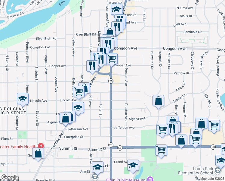 map of restaurants, bars, coffee shops, grocery stores, and more near 600 Chester Avenue in Elgin